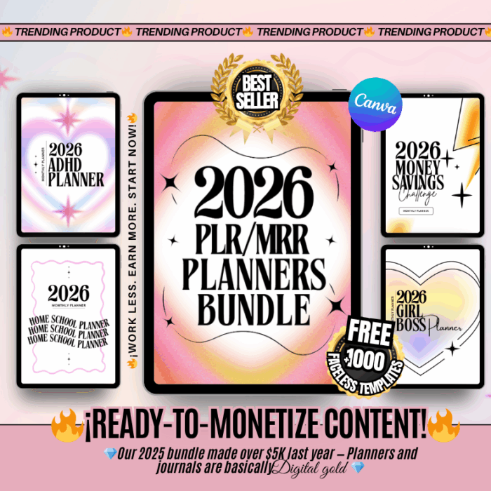 2026 PLR MRR Digital Planner Bundle, Printable, 26 Canva Plr Templates