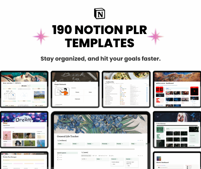 190 Notion Templates & Planners Bundle PLR | Notion life planner, Client Tracker, Finance, Adhd, Daily, Weekly, Travel,Social Media and More